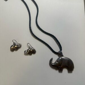 Charming Silver Elephant Jewelry Set with black leather strap